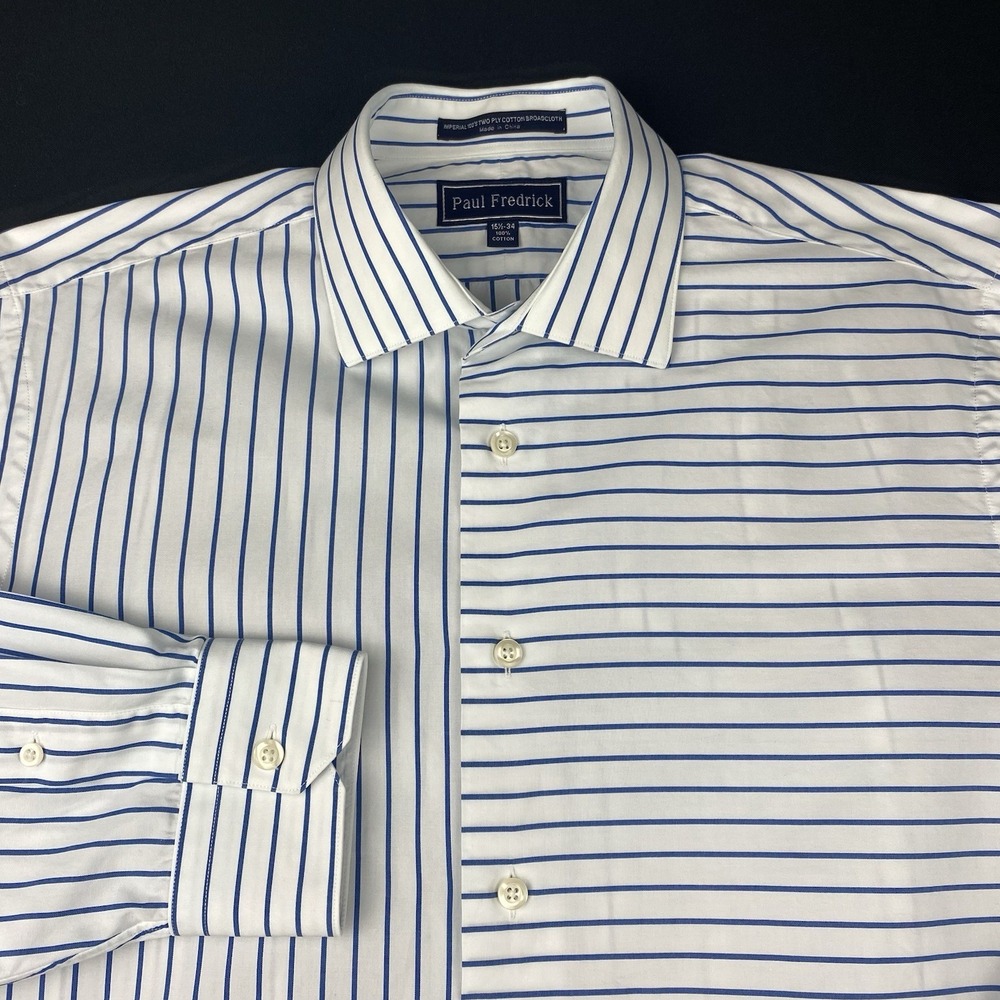 Paul‎ Fredrick Dress Shirt Mens 15.5-34 White w/Blue Pinstripes
